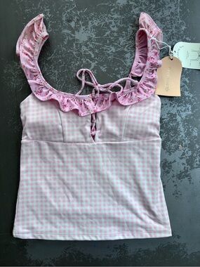 LOGILATES Blush Pink Gingham Ruffle Lace Up Tank Top
